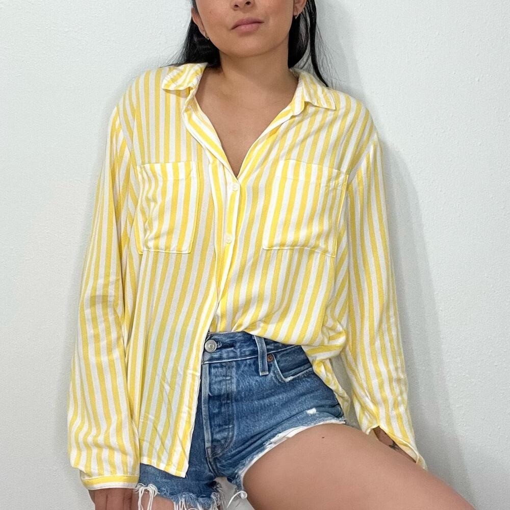 Yellow White Stripe Button Down Long Sleeve Blouse Medium